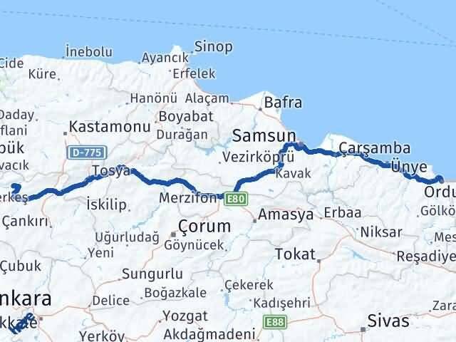 Ordu Bayramören Çankırı Arası Kaç Km - Yol Haritası