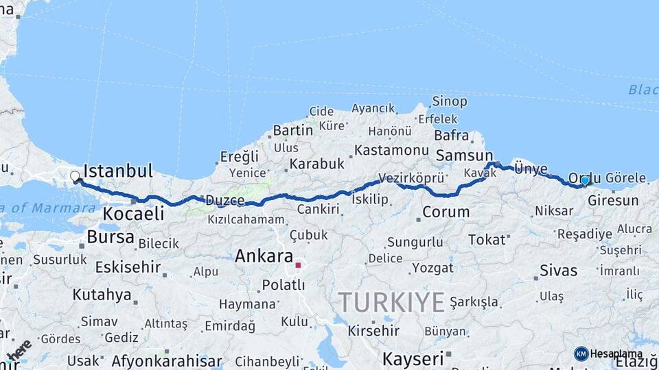 Ordu Bayrampaşa İstanbul Arası Kaç Km - Yol Haritası