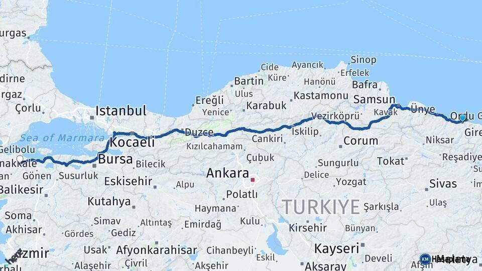 Ordu Biga Çanakkale Arası Kaç Km - Yol Haritası