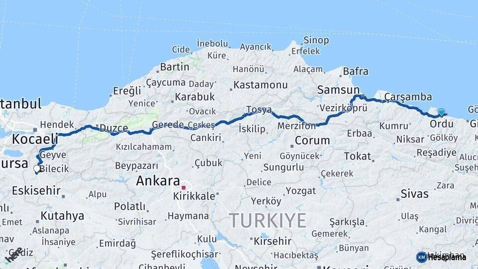Ordu Bilecik Arası Kaç Km - Yol Haritası