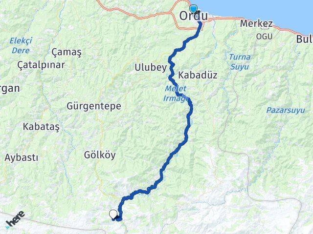 Ordu Birebir Mesudiye Arası Kaç Km - Yol Haritası
