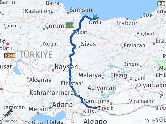 Ordu Birecik Şanlıurfa Arası Kaç Km - Yol Haritası