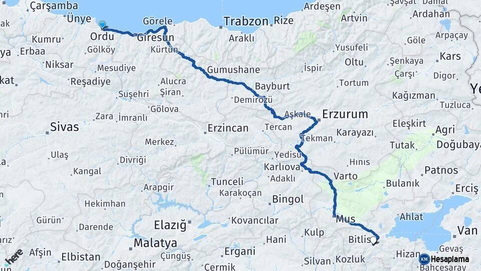 Ordu Bitlis Arası Kaç Km - Yol Haritası