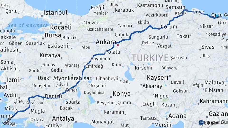 Ordu Bodrum Muğla Arası Kaç Km - Yol Haritası