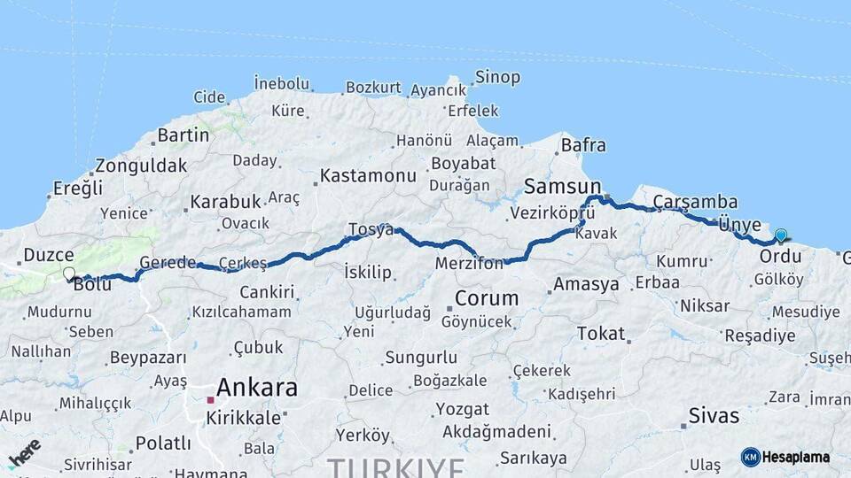 Ordu Bolu Arası Kaç Km - Yol Haritası