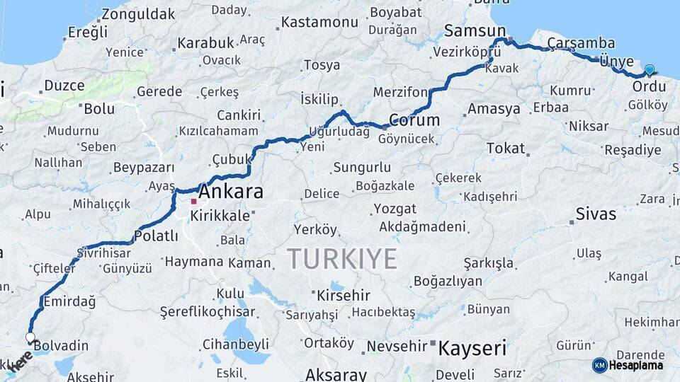 Ordu Bolvadin Afyonkarahisar Arası Kaç Km - Yol Haritası