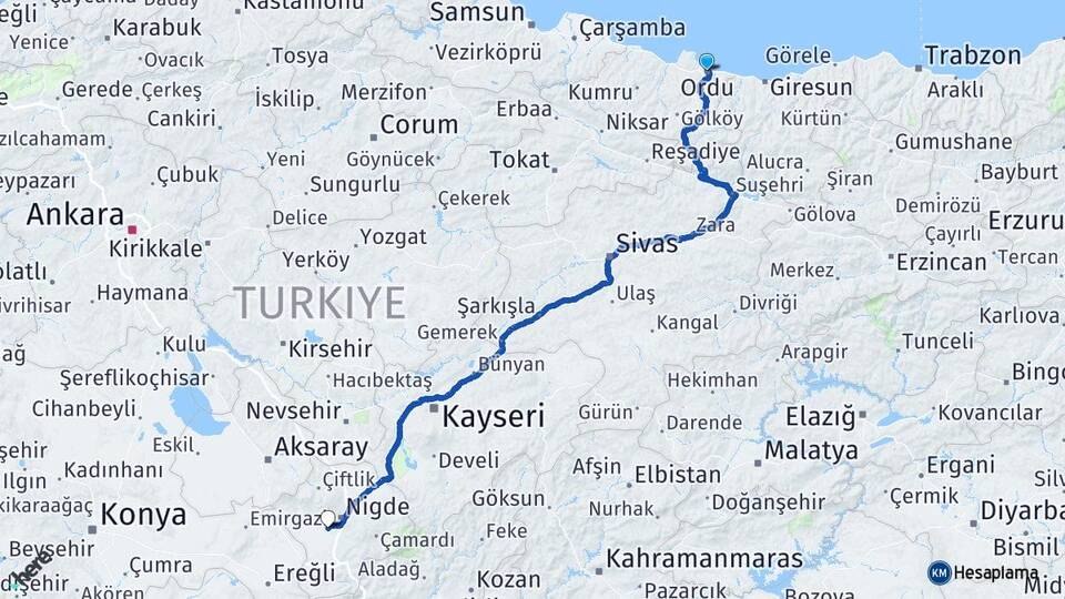 Ordu Bor Niğde Arası Kaç Km - Yol Haritası