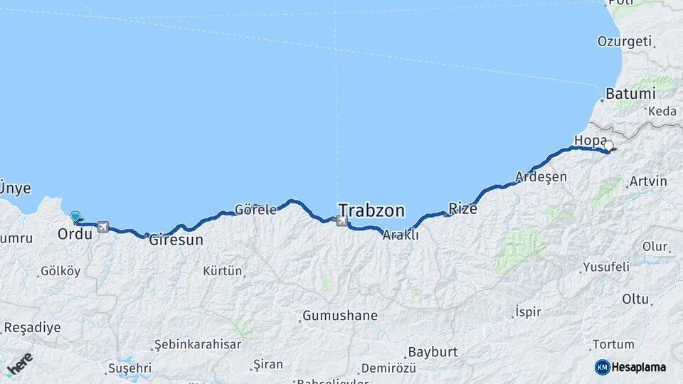 Ordu Borçka Artvin Arası Kaç Km - Yol Haritası