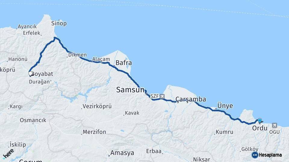 Ordu Boyabat Sinop Arası Kaç Km - Yol Haritası