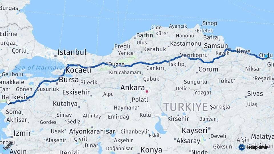 Ordu Burhaniye Balıkesir Arası Kaç Km - Yol Haritası