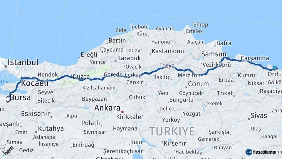 Ordu Bursa Arası Kaç Km - Yol Haritası