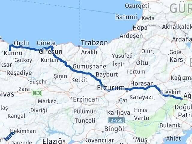 Ordu Çamaş Ağrı Arası Kaç Km - Yol Haritası