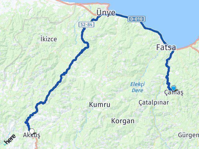 Ordu Çamaş Akkuş Arası Kaç Km - Yol Haritası