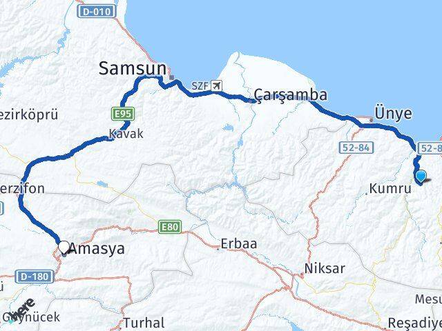 Ordu Çamaş Amasya Arası Kaç Km - Yol Haritası