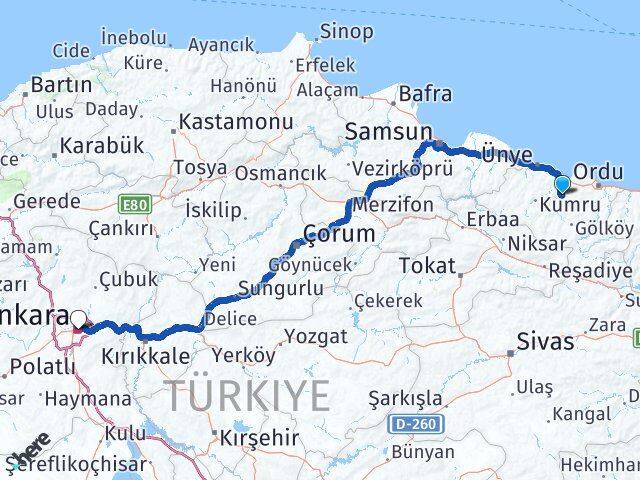 Ordu Çamaş Ankara Arası Kaç Km - Yol Haritası