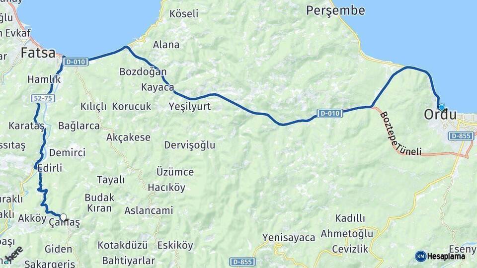 Ordu Çamaş Arası Kaç Km - Yol Haritası
