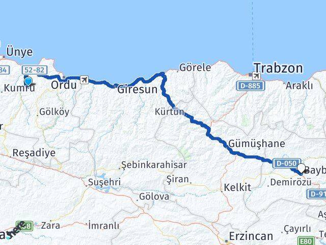Ordu Çamaş Bayburt Arası Kaç Km - Yol Haritası