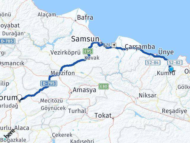 Ordu Çamaş Çorum Arası Kaç Km - Yol Haritası