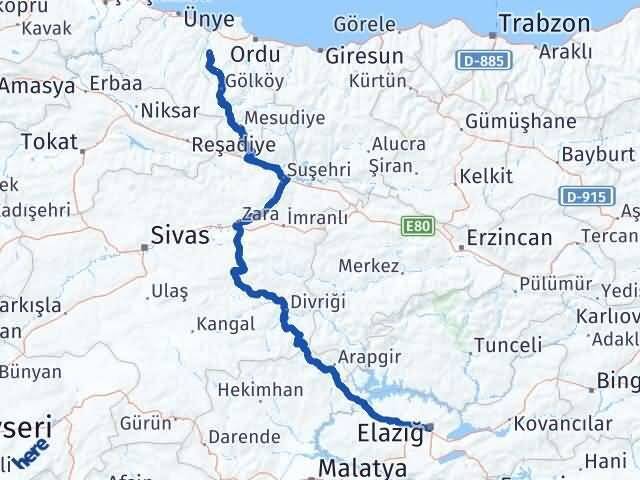 Ordu Çamaş Elazığ Arası Kaç Km - Yol Haritası