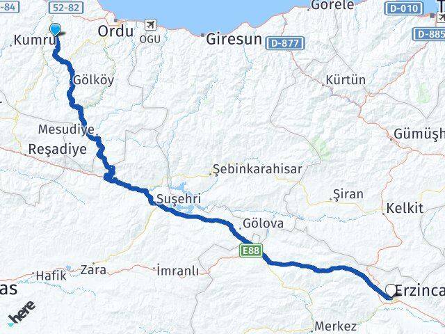 Ordu Çamaş Erzincan Arası Kaç Km - Yol Haritası