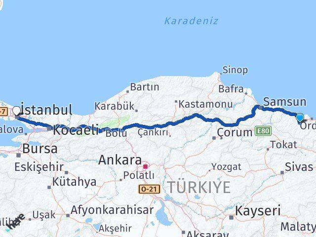 Ordu Çamaş İstanbul Arası Kaç Km - Yol Haritası