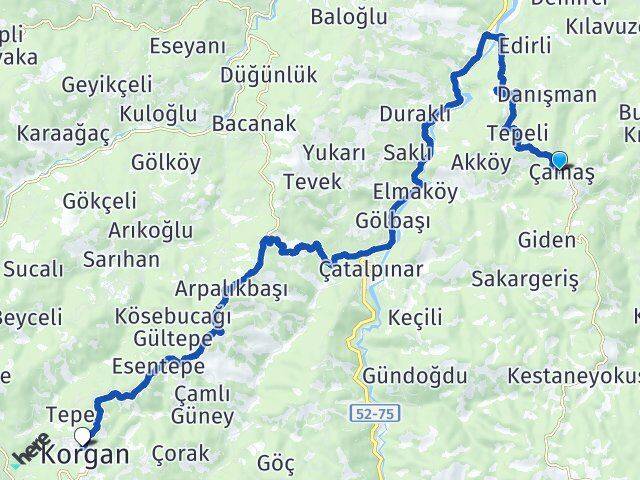 Ordu Çamaş Korgan Arası Kaç Km - Yol Haritası
