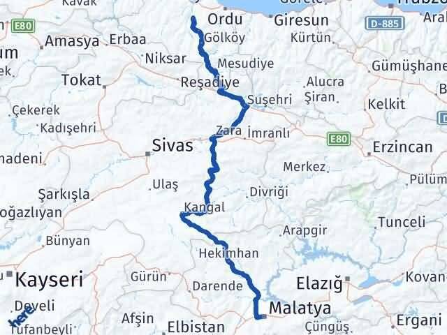 Ordu Çamaş Malatya Arası Kaç Km - Yol Haritası
