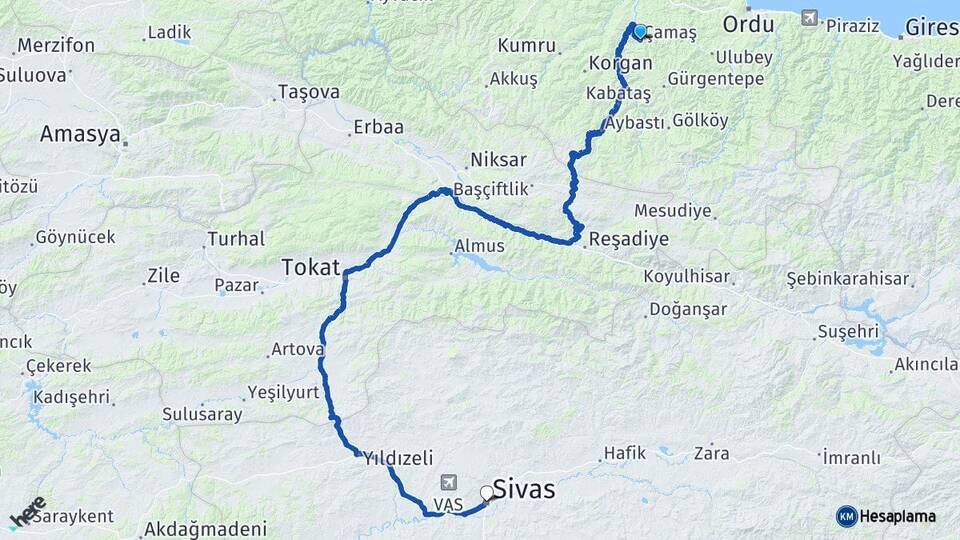 Ordu Çamaş Sivas Arası Kaç Km - Yol Haritası