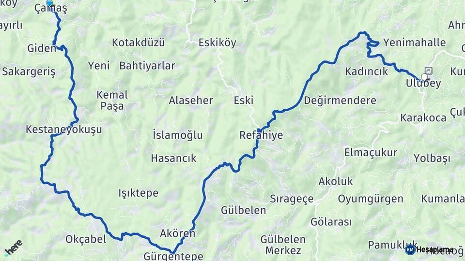 Ordu Çamaş Ulubey Arası Kaç Km - Yol Haritası