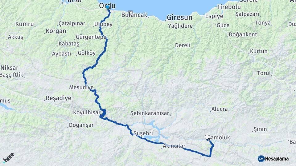 Ordu Çamoluk Giresun Arası Kaç Km - Yol Haritası