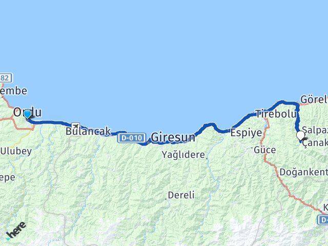 Ordu Çanakçı Giresun Arası Kaç Km - Yol Haritası