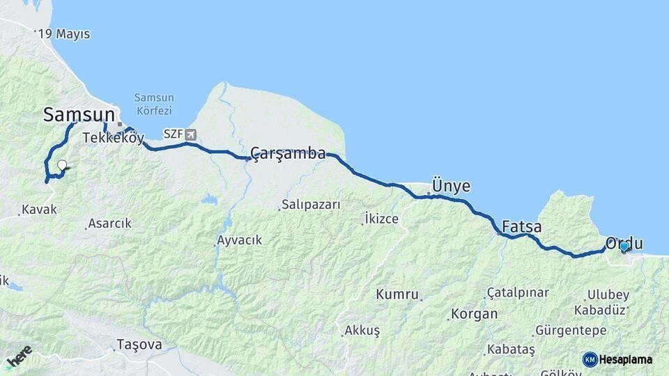 Ordu Canik Samsun Arası Kaç Km - Yol Haritası