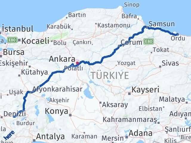 Ordu Çardak Denizli Arası Kaç Km - Yol Haritası