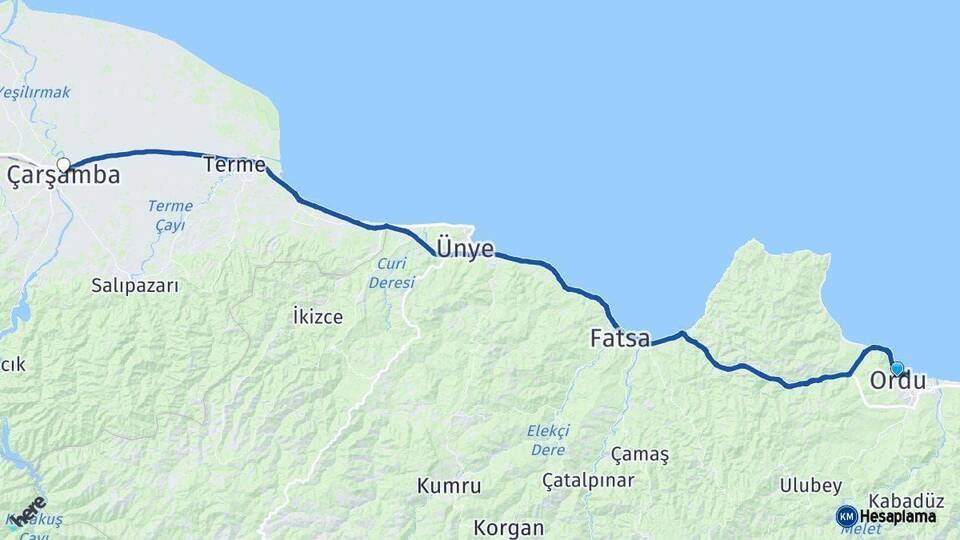 Ordu Çarşamba Samsun Arası Kaç Km - Yol Haritası