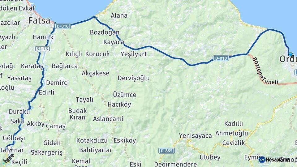 Ordu Çatalpınar Arası Kaç Km - Yol Haritası