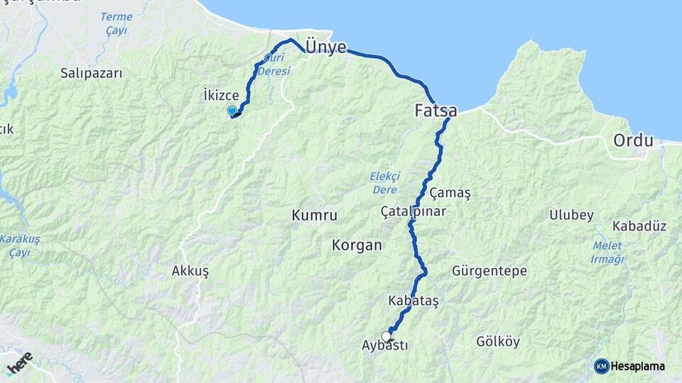 Ordu Çaybaşı Aybastı Arası Kaç Km - Yol Haritası