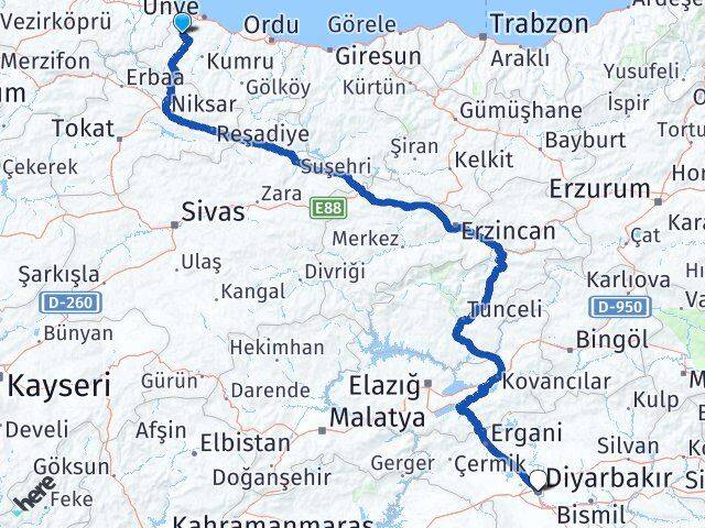 Ordu Çaybaşı Diyarbakır Arası Kaç Km - Yol Haritası