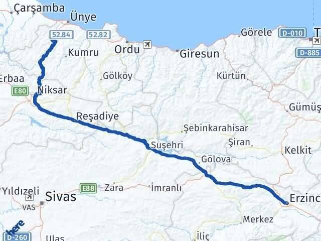 Ordu Çaybaşı Erzincan Arası Kaç Km - Yol Haritası