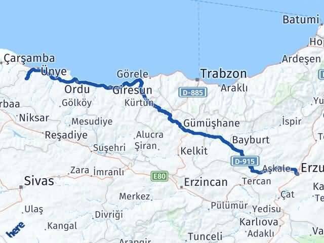 Ordu Çaybaşı Erzurum Arası Kaç Km - Yol Haritası