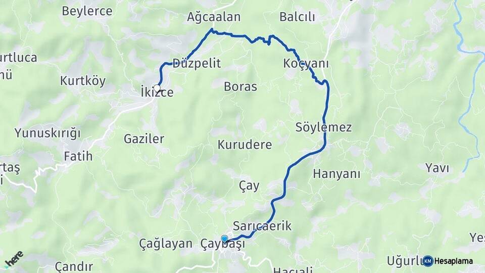 Ordu Çaybaşı İkizce Arası Kaç Km - Yol Haritası