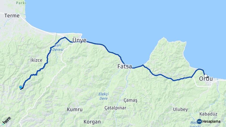 Ordu Çaybaşı İlküvez Arası Kaç Km - Yol Haritası