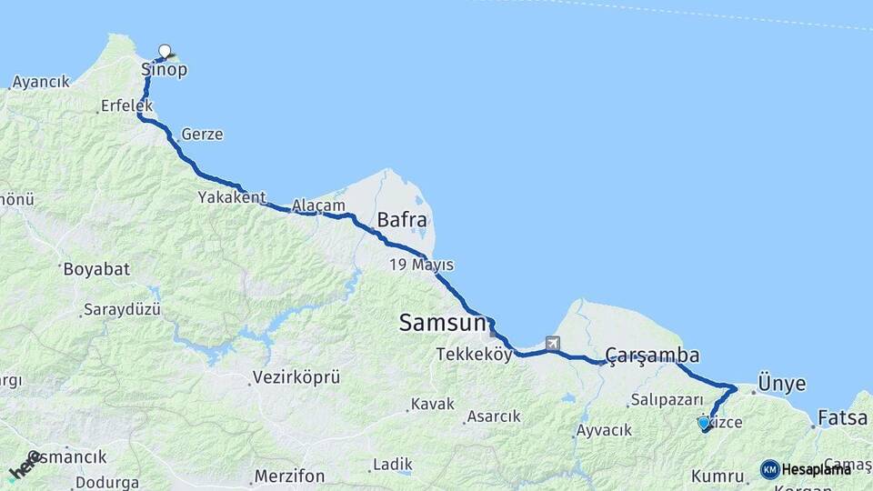 Ordu Çaybaşı Sinop Arası Kaç Km - Yol Haritası