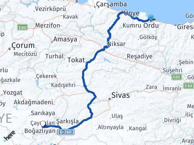 Ordu Çayıralan Yozgat Arası Kaç Km - Yol Haritası
