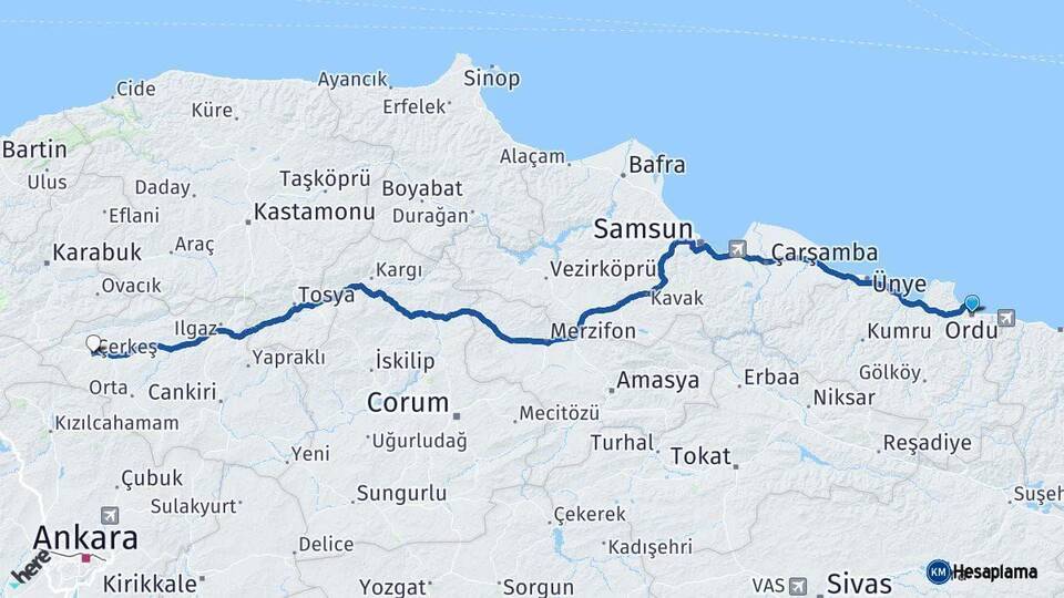 Ordu Çerkeş Çankırı Arası Kaç Km - Yol Haritası