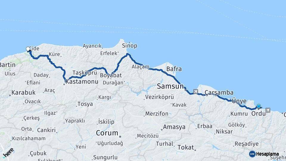 Ordu Cide Kastamonu Arası Kaç Km - Yol Haritası