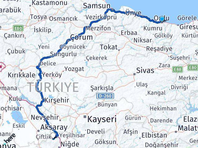 Ordu Çiftlik Niğde Arası Kaç Km - Yol Haritası