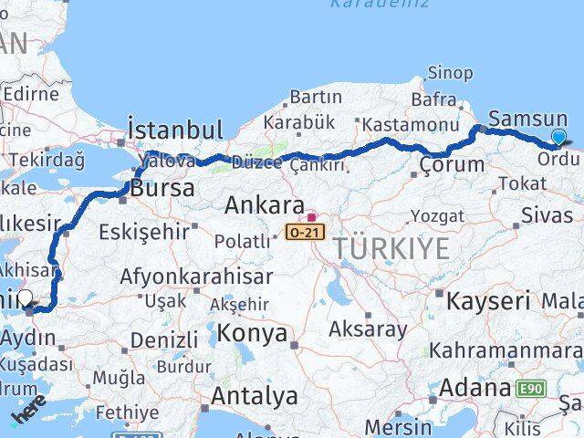 Ordu Çiğli İzmir Arası Kaç Km - Yol Haritası