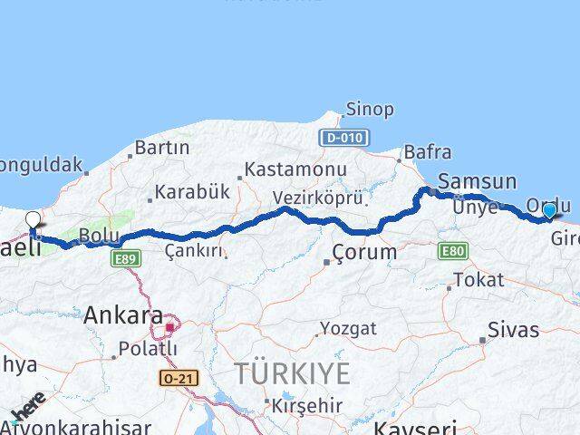 Ordu Çilimli Düzce Arası Kaç Km - Yol Haritası