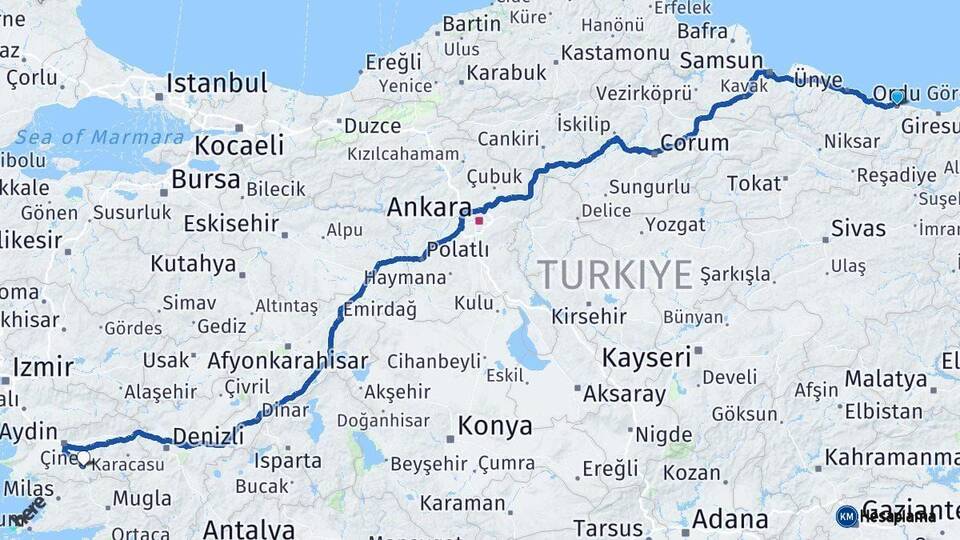 Ordu Çine Aydın Arası Kaç Km - Yol Haritası