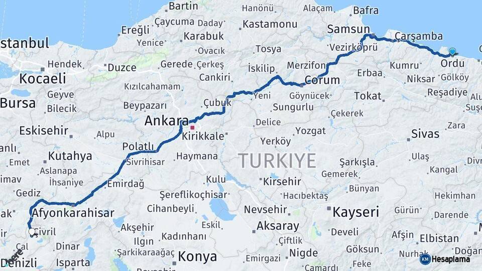 Ordu Çivril Denizli Arası Kaç Km - Yol Haritası